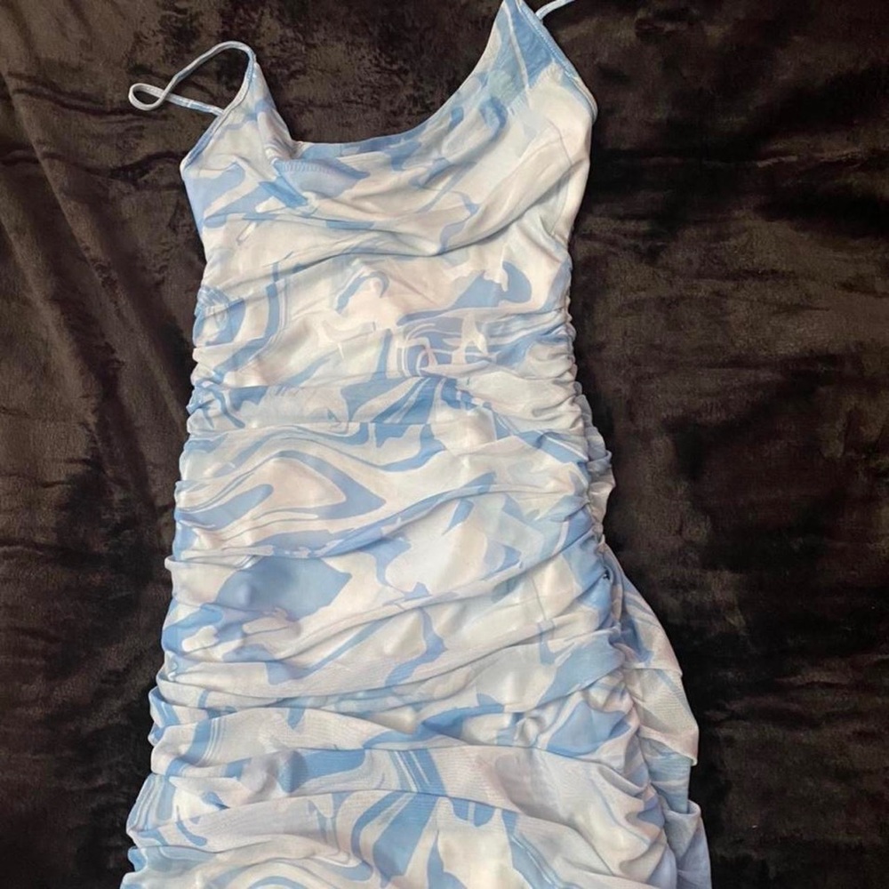 SHEIN Drawstring Ruched side tie dye mesh dress.